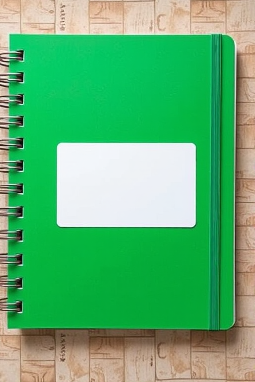 Create an image of a green spiral notebook with a blank label on the cover, captured with a DSLR camera at f/4 aperture, ISO 100, 50mm focal length, overhead view, using natural light for enhanced quality.