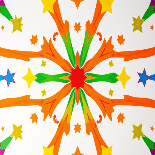 Create a bright and colorful abstract pattern with vibrant stars and stripes in red, blue, green, yellow, and orange on a white background, using a Canon EOS R5, 24mm lens, f/8 aperture, ISO 100, shot from a top-down view, ensuring high clarity and sharpness.
