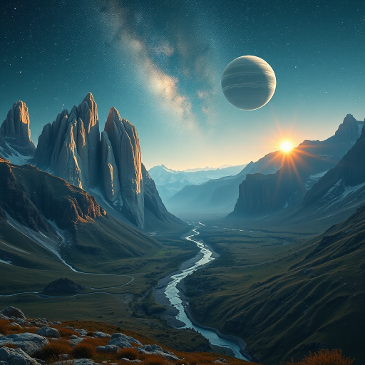 create a high-resolution fantasy landscape with towering crystal mountains and a winding river, set under a starry night sky with multiple planets, use a Canon EOS R5 with a 24mm f/1.4 lens, aperture set to f/8, shutter speed at 1/125 sec, and ISO 100 for optimal clarity and detail.