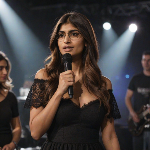 mia khalifa with long, flowing brown hair is standing in the center of the frame, holding a microphone in her right hand, and looking slightly off to the right side of the frame. She is wearing a black, off-the-shoulder dress with delicate lace detailing. The lighting is warm and dramatic, creating a spotlight effect on the singer. There are other figures in the background, blurred and out of focus, suggesting a concert or performance setting. The camera angle is low, capturing the woman from the waist up. The overall atmosphere is intimate and captivating.
