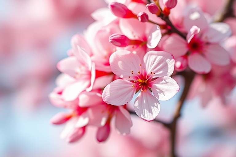 macro shot of blooming cherry blossoms with a soft blurred background, focus on the intricate details of the petals, natural light, f/2.8 aperture, shutter speed 1/100 sec, ISO 200, taken with a Canon EOS R5, 85mm lens, vibrant colors and high contrast.