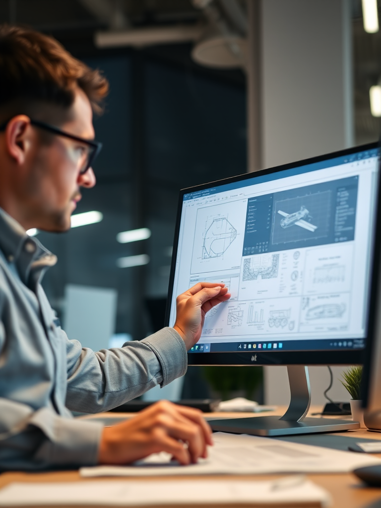 a focused engineer working on detailed technical blueprints on a computer screen in a modern office environment, depth of field, ISO 200, aperture f/2.8, shutter speed 1/125s, 50mm lens, soft lighting