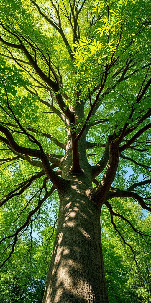 Create a high-resolution digital illustration of a lush green tree with a thick trunk and vibrant leaves, using a DSLR camera with a 50mm lens, aperture set to f/4, ISO 100, shot from a low angle perspective to emphasize height and detail, in bright daylight for enhanced color saturation.