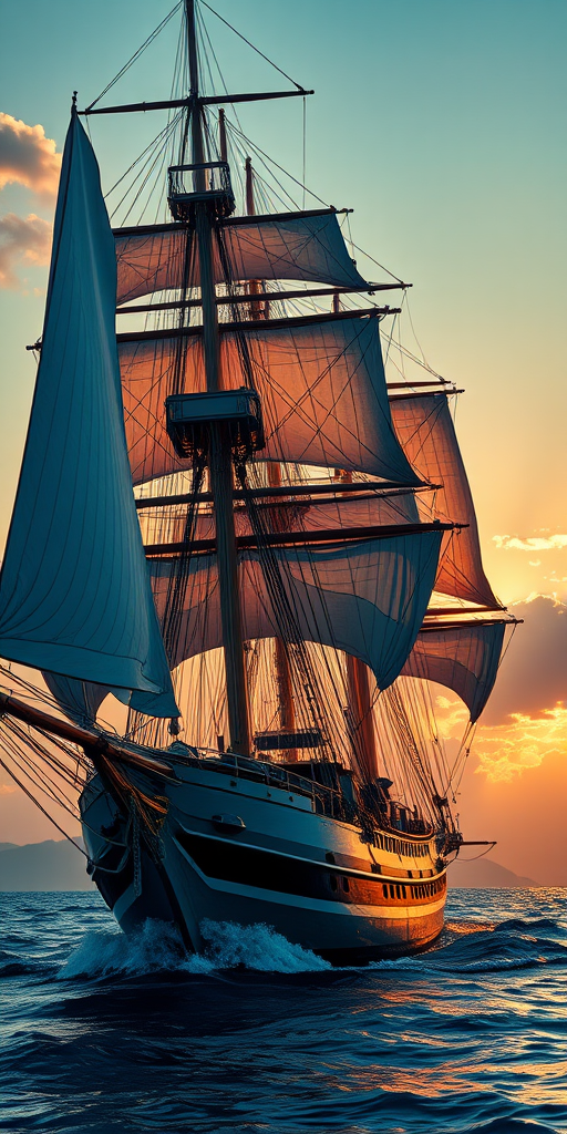 Create a high-resolution illustration of a majestic sailing ship with detailed rigging and sails, captured in sunlight using a Canon EOS R5, 24mm lens, f/8 aperture, ISO 100, at sunset with a slight zoom for a dynamic view.