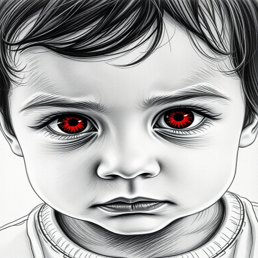 A hyperdetailed photorealistic black and white sketch of a beautiful toddler with deep red eyes, with a macro focus