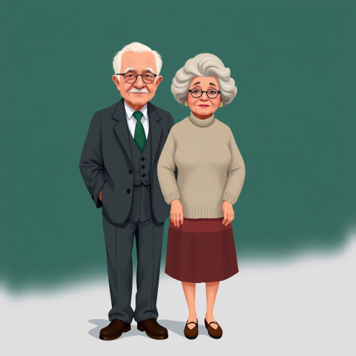 Generate a digital illustration of an elderly couple standing together, with the man in a suit and the woman in a skirt and sweater, set against a dark green background, use a Canon EOS R5 with a 50mm f/1.2 lens, aperture at f/2.8, shutter speed at 1/60s, ISO 100, in a portrait orientation for a vibrant and detailed representation.