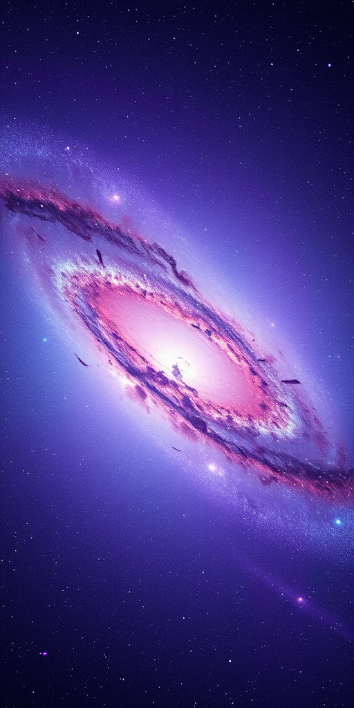 Create a high-resolution image of a vibrant galaxy, featuring deep purples and blues with a bright center, using a DSLR camera with a 24mm lens, f/2.8 aperture, ISO 400, 30-second exposure, shot from a stable tripod for enhanced clarity and detail.