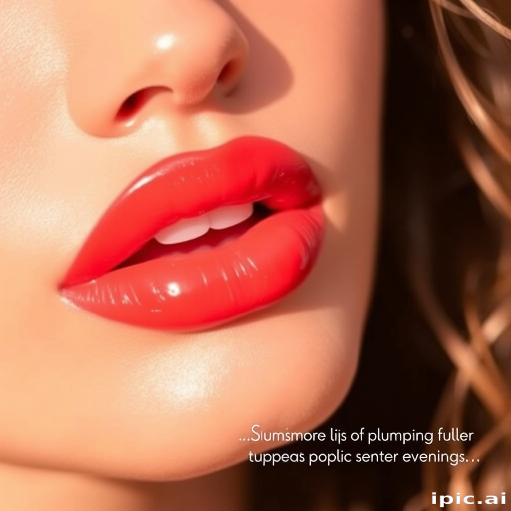 Vibrant coral-hued lips with a glossy finish, dubbed "Sunset Bliss," featuring a subtle ombre effect and a plumping formula for fuller appearance, perfect for summer evenings