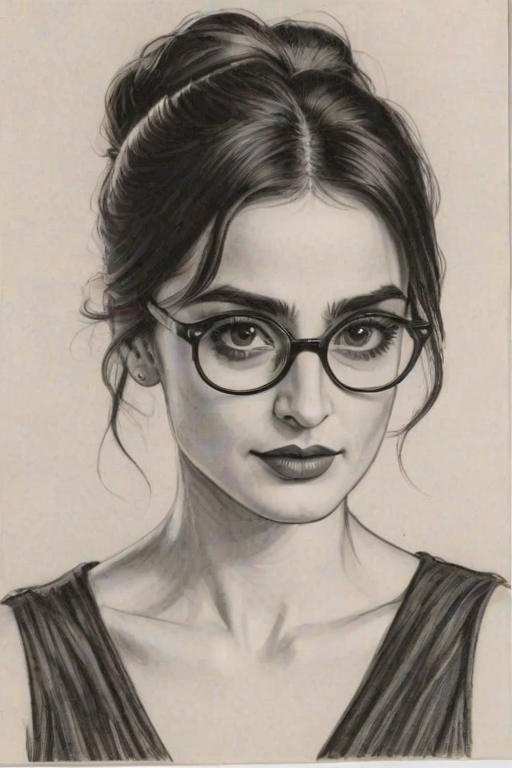 Fetching Pen'lope Cruz, pencil sketch, portrait of Fetching woman 1928s in glasses, hair style beatnik, outline, clear lines, fine lines, 8k