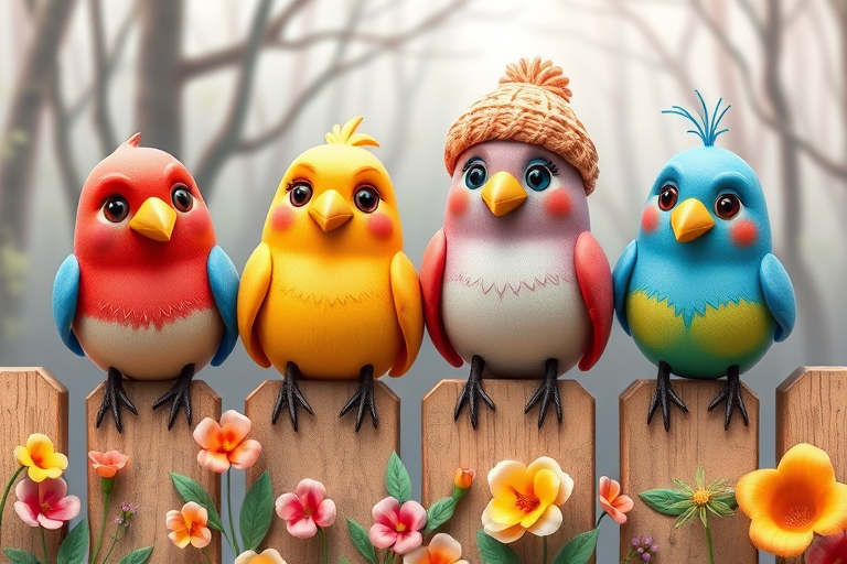 create a scene of 4 quirky  whimsical colourful comical birds each with a funny expression. they are sat on a wooden fence with colourful flowers. they are all different sizes. each one is a different colour  one is wearing a woolly hat. Each one has a different quirky google expression and there is a muted background of trees watercolour paintierly style high definition 8k resolution 3D paper mache