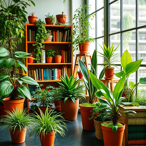 regenerate a vibrant indoor garden scene with lush greenery and a cozy bookshelf, incorporating various plant species in terracotta pots, with natural light filtering through a large window, shot with a Canon EOS R5, 35mm lens, aperture f/2.8, ISO 100, in soft focus style, with warm color grading.