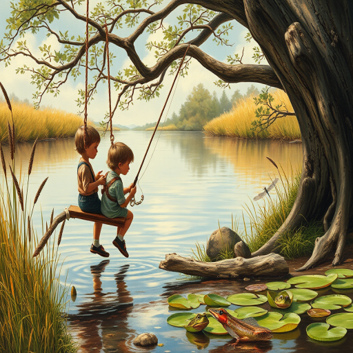 Imagine a small group of old fashioned young boys out fishing by the creek, a swing hanging from a tree branch, reeds and grasses by the water's edge, a frog sitting on a lily pad, dragonflies hovering over som water plans, a very iconic old fashioned scene reminiscent of a Norman Rockwell painting style