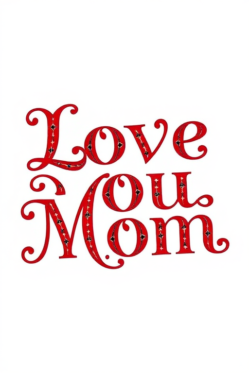 Create an image of the text "Love You Mom" featuring intricate red and black lettering in a decorative style, shot with a DSLR camera, aperture f/2.8, ISO 100, focal length 50mm, and in a shallow depth of field to enhance clarity and detail.