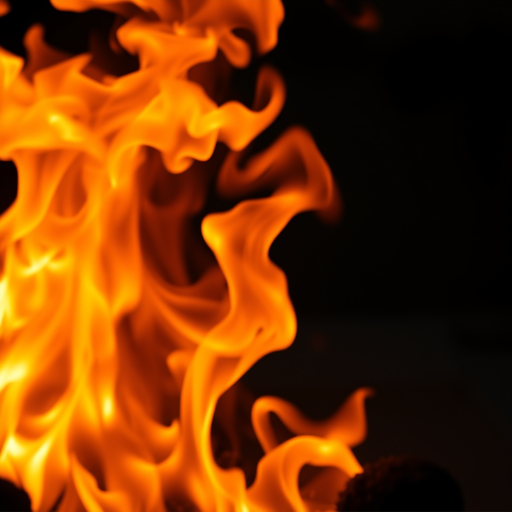 Capture a close-up of roaring flames with vivid orange and yellow hues, using a DSLR camera with a 50mm lens, aperture set to f/2.8, ISO 400, shutter speed 1/500 sec, in a low-angle view to emphasize the intensity of the fire.