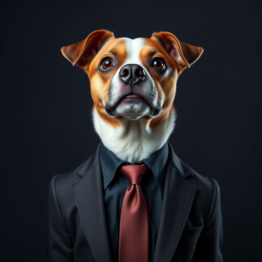 Create an image of a dog with a professional appearance, wearing a suit and tie, against a plain dark background, use a DSLR camera, 50mm lens, f/1.8 aperture, ISO 100, with soft diffused lighting to enhance details and contrast.