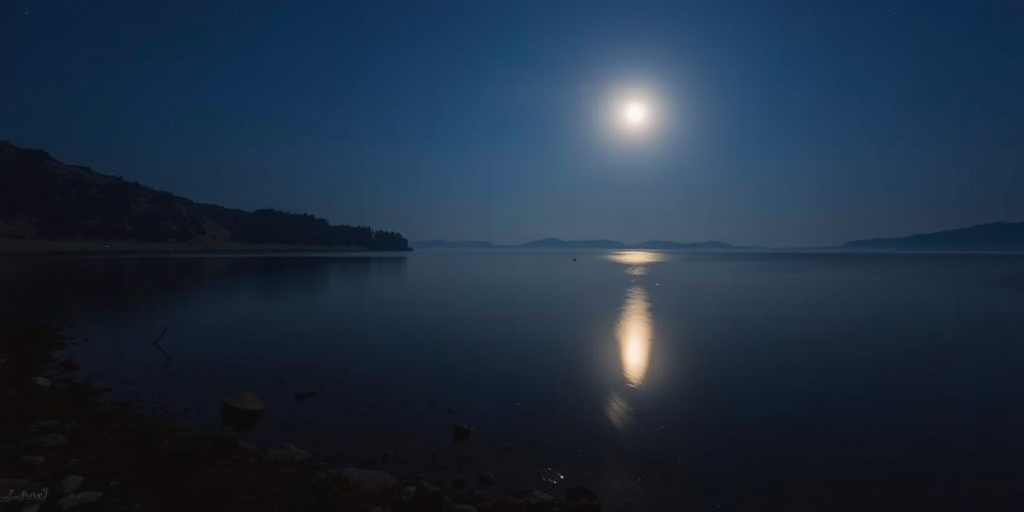 Create a high-resolution image of a serene nighttime landscape with a full moon illuminating a calm lake, captured with a DSLR camera at f/2.8, ISO 200, shutter speed 1/60s, using a wide-angle lens, in a long exposure style.
