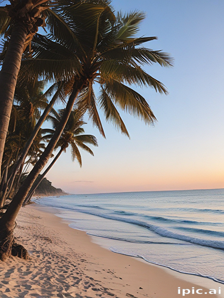Tranquil Sunset Over a Serene Beach Surrounded by Lush Palm Trees