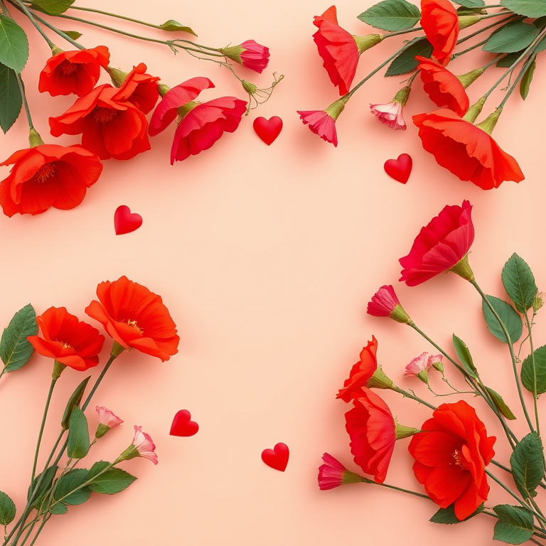 Create a vibrant floral frame with red flowers and hearts on a soft peach background, using a DSLR camera at f/2.8, 50mm lens, ISO 100, with a shallow depth of field to enhance color saturation and detail.
