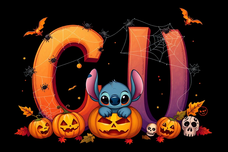 A whimsical and vibrant Halloween-themed digital illustration featuring the letter "C" adorned with spider webs, small bats, and cute spiders. At the base of the letter, a playful alien character similar to Stitch is peeking out from inside a carved pumpkin with glowing eyes, surrounded by additional pumpkins, a small skull, and autumn leaves. The letter is gradient-colored from orange to purple, adding a magical atmosphere to the scene, black background
