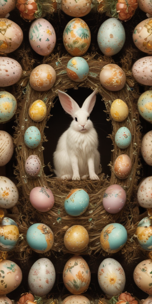 Charming White Rabbit Surrounded by Colorful Easter Eggs in Nest