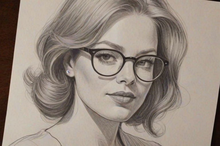 Magnificent Jesse Tyler Ferguson, pencil sketch, portrait of Alluring woman 1965s in glasses, hair style beatnik, outline, clear lines, fine lines, 8k