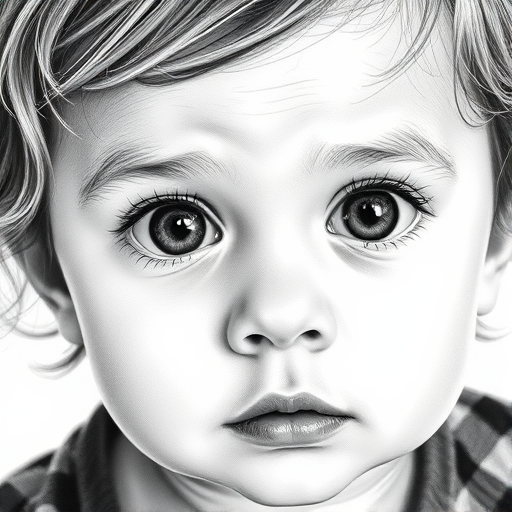 A hyperdetailed photorealistic black and white sketch of a beautiful toddler with deep brown eyes, with a macro focus
