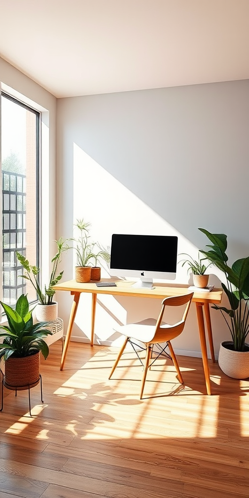 A modern minimalist home office with a wooden desk, a computer, and indoor plants, natural light streaming through large windows, ISO 100, f/5.6, 1/60s, wide-angle view, taken with a DSLR camera in bright daylight.