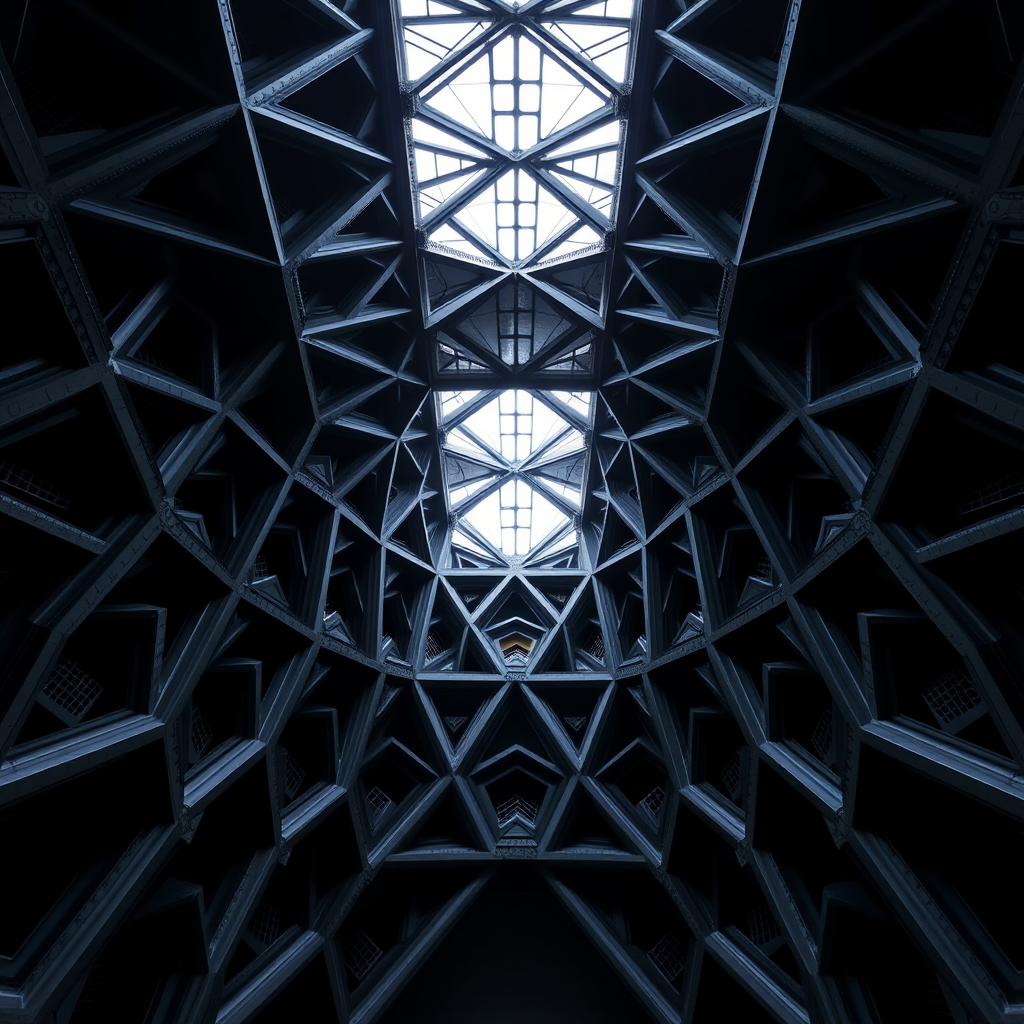 capture an intricate architectural structure featuring a dark, geometric design with symmetrical patterns, low light conditions with soft highlights, use a wide-angle lens at f/8, ISO 200, shutter speed 1/60s, taken from a low angle perspective with a DSLR camera to enhance image clarity and detail
