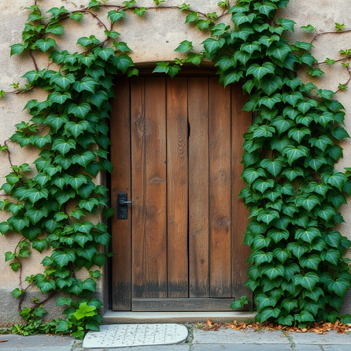 Regenerate the image of a weathered wooden door framed by lush green vines on an aged wall, using a DSLR camera with a 50mm lens at f/2.8, shooting from a 45-degree angle, with soft natural lighting for enhanced details and vibrant colors.