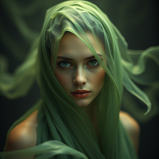Create a hyper-realistic portrait of an ethereal woman with flowing green fabric, mystical atmosphere, intense gaze, soft lighting, shot with a Canon EOS 5D Mark IV, 50mm lens, f/1.8 aperture, ISO 100, at eye level for dramatic effect.