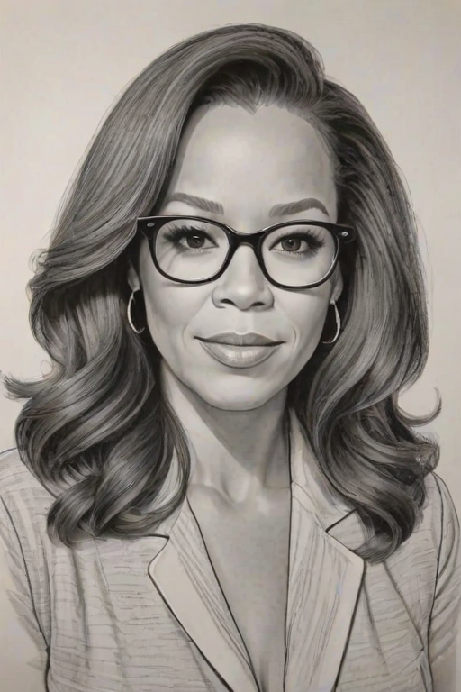 Pleasing Sunny Hostin, pencil sketch, portrait of Superb woman 1941s in glasses, hair style beatnik, outline, clear lines, fine lines, 8k