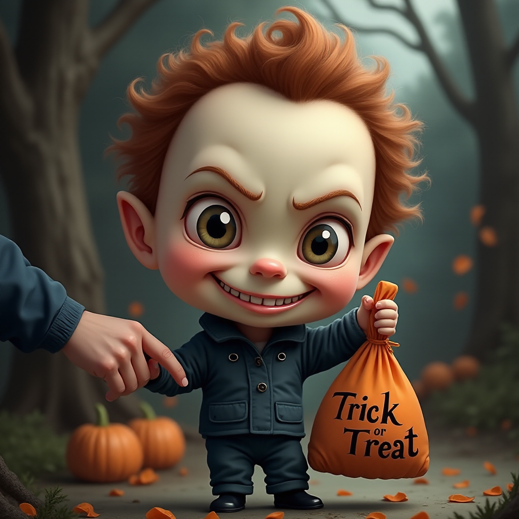 A whimsical caricature of a child version of Michael Myers, grinning mischievously. He is held by the hand of an unrecognizable person (only their hand visible), while holding a bag labeled 'Trick or Treat.' His facial expression is playful yet slightly menacing, reflecting his iconic figure. The scene is in portrait format with a Halloween theme, featuring exaggerated cartoon details like big eyes, a small body, and a creepy yet light-hearted tone.
