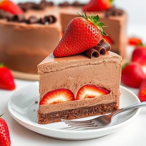 A delicious slice of chocolate mousse cake layered with fresh strawberries topped with chocolate curls and a whole strawberry on top served on a white plate with a fork beside it. The background features a whole cake and some additional strawberries.