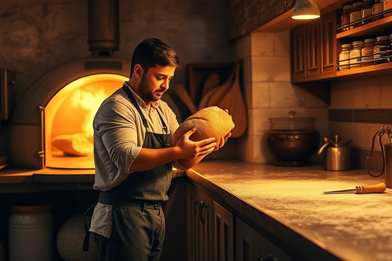 Warmly lit image of a baker pulling fresh bread from a wood-fired oven, soft golden light illuminating the rustic kitchen, with flour dusted on the countertop and shelves filled with jars of ingredients.