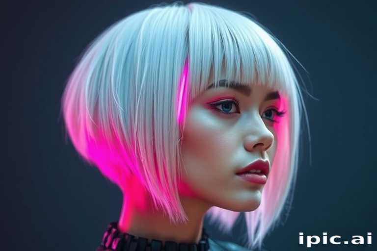 Sleek platinum blonde bob with razor-sharp edges and a single streak of neon pink, exuding futuristic chic and cyberpunk vibes, aptly called Electric Ice