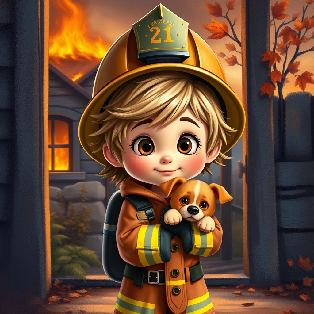 airbrushed oil painting, pixar style, cute little girl in fireman gear, helmet, tousled hair, expressive eyes, standing in the doorstep of a cottage burning behind him, holding a cute little dog in her arm, atumn sky
