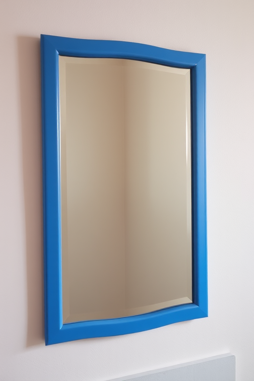 A clear wall-mounted mirror with a blue frame, photographed with a DSLR camera at f/5.6, ISO 100, 1/200 sec, in natural light, using a wide-angle lens from a straight-on view to capture the clean reflection and surrounding wall details.