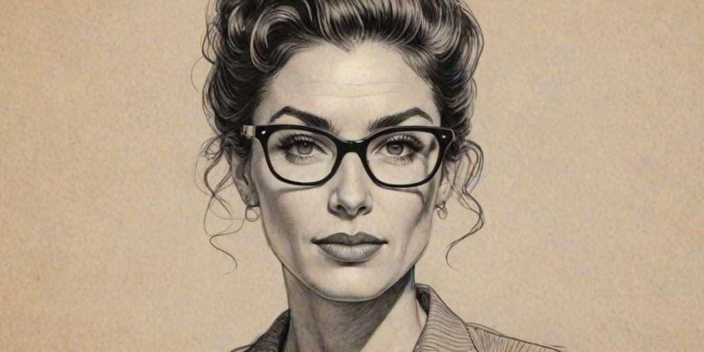 Stunning Claudia Black, pencil sketch, portrait of Wonderful woman 1955s in glasses, hair style beatnik, outline, clear lines, fine lines, 8k