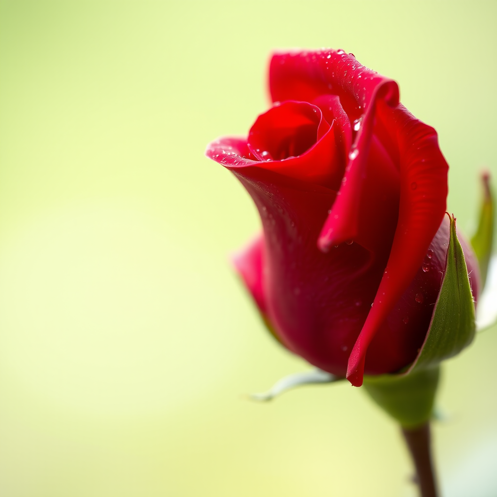 close-up of a fresh red rose with water droplets, soft focus background, 50mm lens, aperture f/2.8, ISO 100, natural light, macro photography, DSLR camera