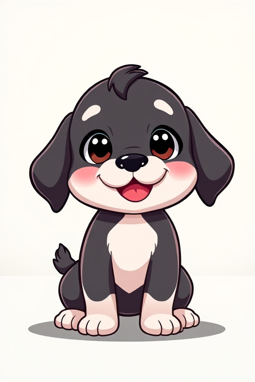 Create a cute cartoon-style illustration of a small black and white puppy with big expressive eyes and a happy expression, set against a soft blurred background, captured using a DSLR camera at f/1.8 aperture, ISO 100, with a 50mm lens, in bright natural lighting to enhance texture and color vibrancy.