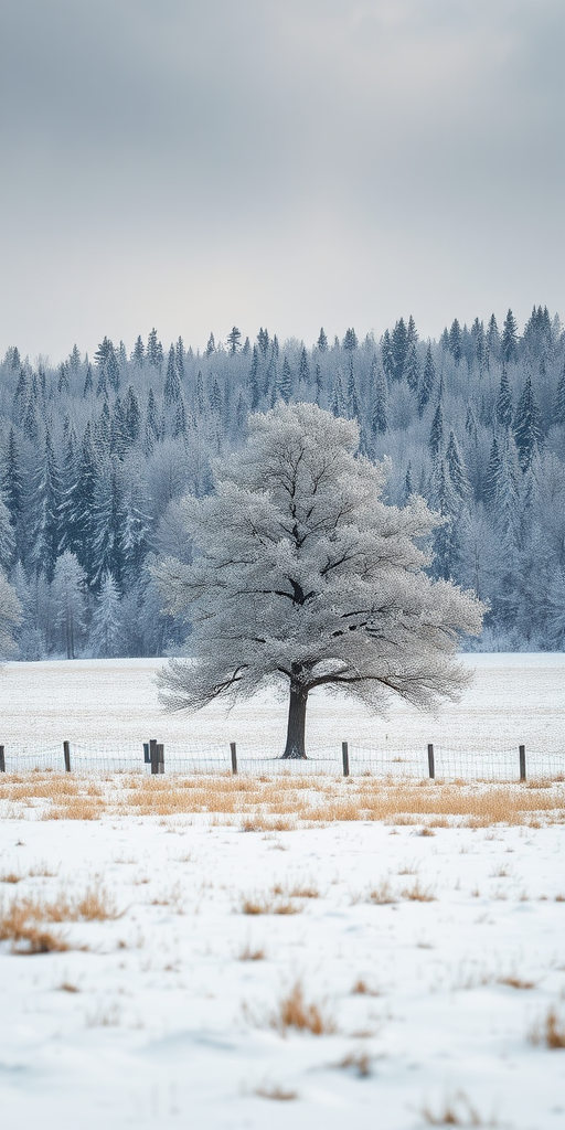 Capture a winter landscape featuring a solitary snow-covered tree in an open field, with dense snowy forests in the background under soft, overcast lighting, using a DSLR camera, 50mm lens, aperture f/8, shutter speed 1/250s, ISO 100, focus mode on single point, and a slight vignette effect for depth.