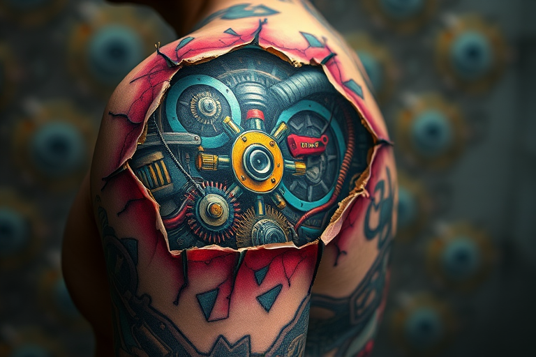 Vibrant biomechanical body tattoo revealing intricate mechanical parts beneath torn skin on the shoulder, blending hyperrealistic details with science fiction elements