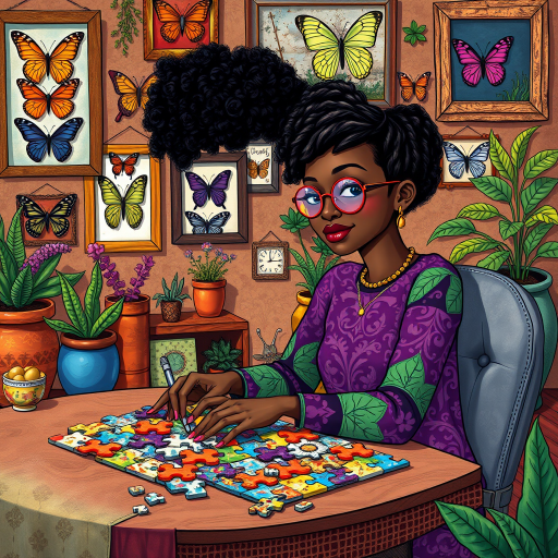 A vibrant and whimsical illustration of an african american woman sitting at a table working on a colorful jigsaw puzzle. she is wearing round glasses, and patterned clothing in shades of purple and green.  The background features an eclectic collection of framed butterflies, potted plants, and other natural elements, creating a warm and inviting atmosphere. The style is playful and modern, with rich textures, intricate details, and a lively color palette.