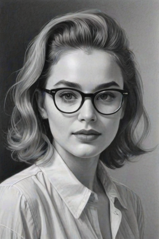 Enchanting Zoe Deutch, pencil sketch, portrait of Lovely woman 1954s in glasses, hair style beatnik, outline, clear lines, fine lines, 8k