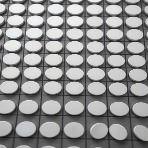 Create a high-resolution image of a repeating pattern of alternating black and white circles on a grid, shot with a Canon EOS 5D Mark IV at 50mm, f/8, ISO 200, in sharp focus with even lighting and a clean minimalist style.
