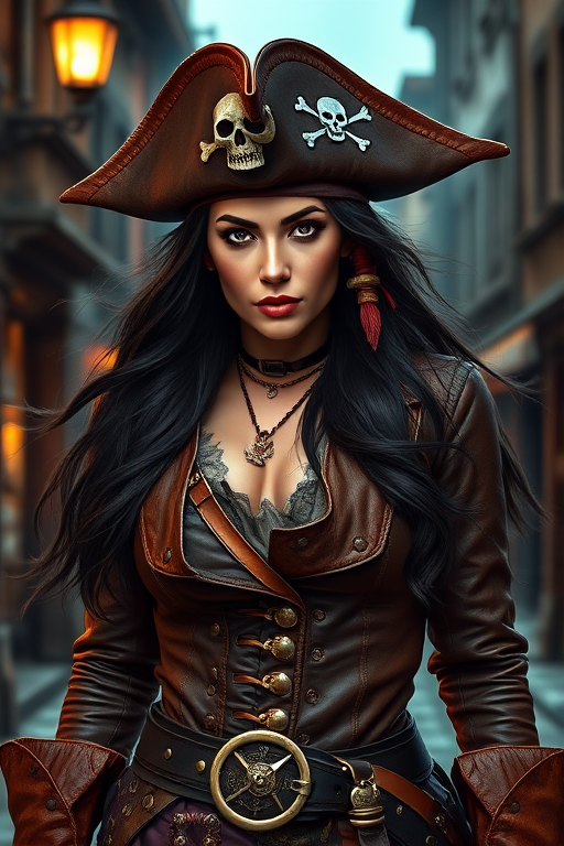 Create a portrait of a fierce female pirate. She wears a leather tricorn hat adorned with a skull and crossbones emblem, and her long, dark hair flows around her face. Her outfit consists of a richly detailed leather jacket, a corset, and multiple layers of belts and accessories, giving her a formidable and stylish appearance. She stands confidently in a dimly lit, historic port town, with a backdrop of weathered buildings and cobblestone streets, capturing the adventurous spirit of a pirate.