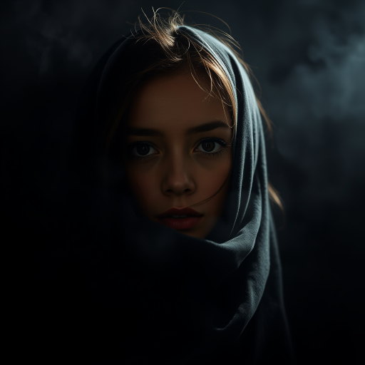 portrait of a person partially veiled with dramatic lighting, smoky background, soft focus, ISO 100, f/1.8, 85mm lens, natural light, DSLR camera