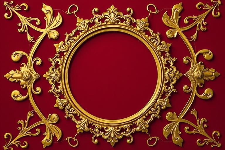 Create an ornate golden oval frame with intricate designs on a deep red background, using a DSLR camera with a 50mm lens, f/1.8 aperture, ISO 100, 1/60s shutter speed, shot in macro style for enhanced detail and clarity.