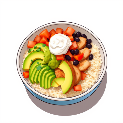 Generate a vibrant illustration of a delicious burrito bowl featuring grilled chicken, rice, black beans, diced tomatoes, avocado, and topped with guacamole and sour cream, using a high-resolution DSLR camera with a 50mm lens, f/1.8 aperture, ISO 200, natural lighting, and a slight overhead angle for an appetizing view.