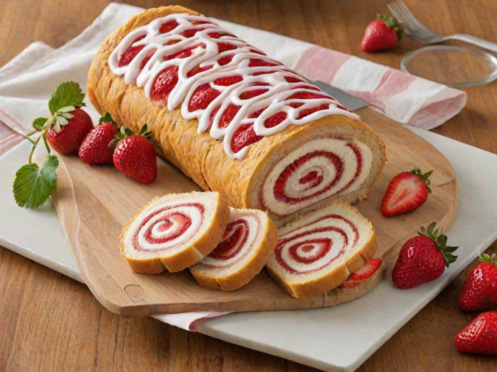 Create an image of a sliced strawberry shortcake roll. The roll should have a light sponge cake base filled with whipped cream and fresh strawberries. The exterior should be covered in fluffy white frosting, with whole strawberries placed on top for decoration. The slice should showcase the spiral pattern of the filling, highlighting the vibrant red strawberries against the creamy white layers. The setting should be a wooden serving board, with a decorative plate in the background.